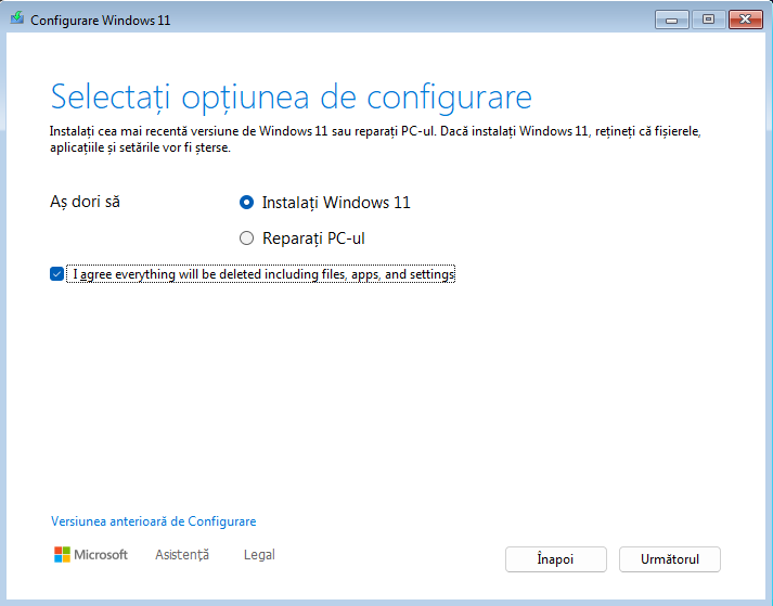 Incepe instalarea Windows 11