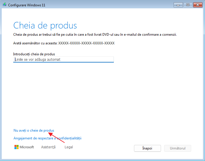 Introdu cheia produsului Windows 11