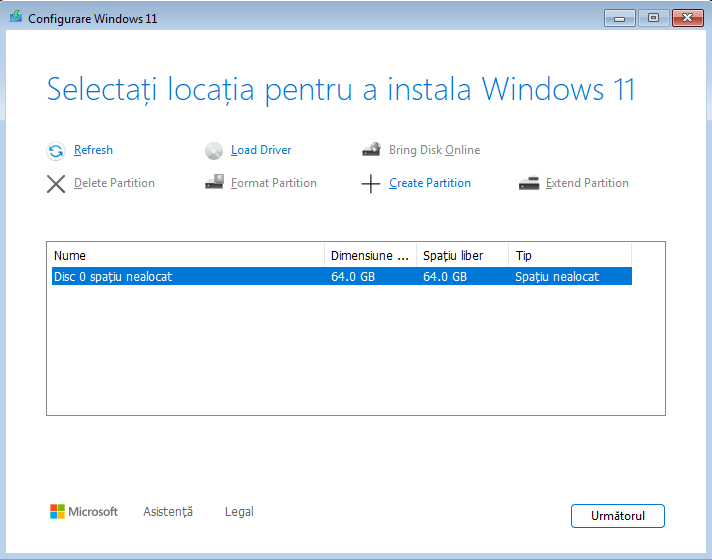 Selecteaza partitia pentru a instala Windows 11