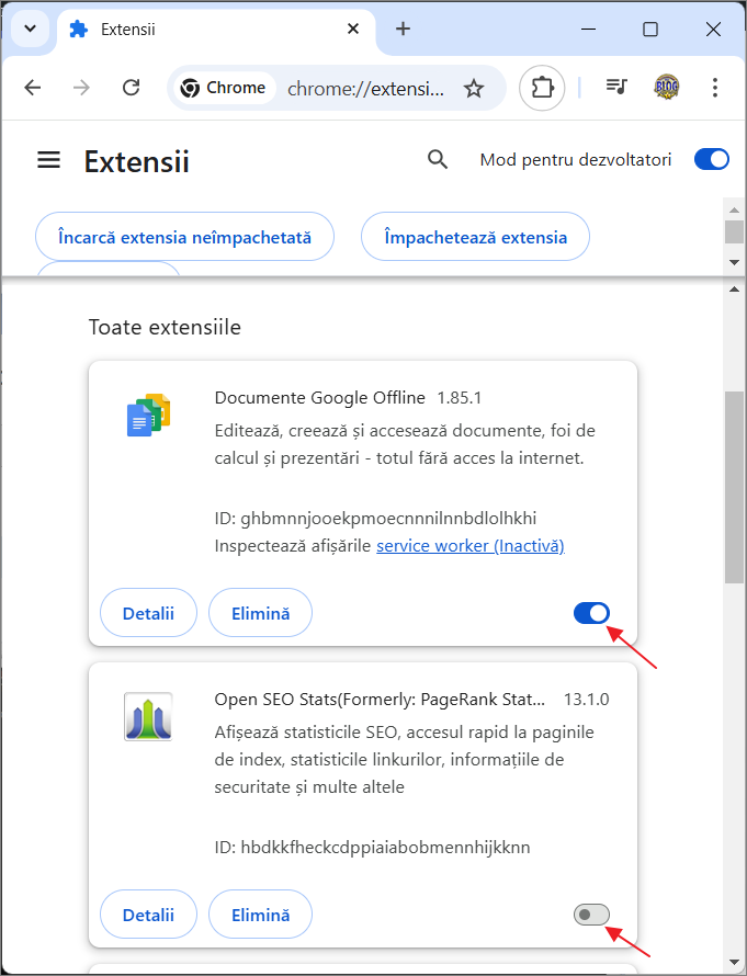 Dezactiveaza extensiile in Google Chrome