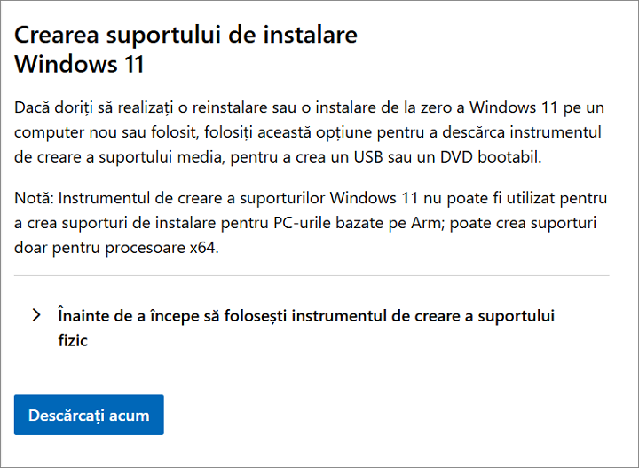 Descarcarea Media Creation Tool pentru Windows 11