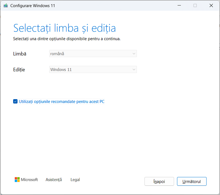 Selecteaza versiunea sistemului in Media Creation Tool