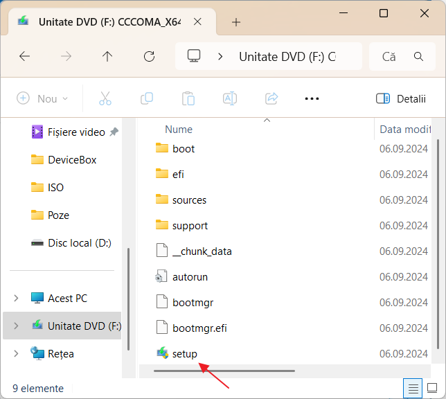 Ruleaza setup.exe de pe imaginea de disc montata